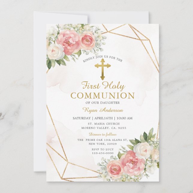 Geometric Pink Roses First Holy Communion  Invitation (Front)