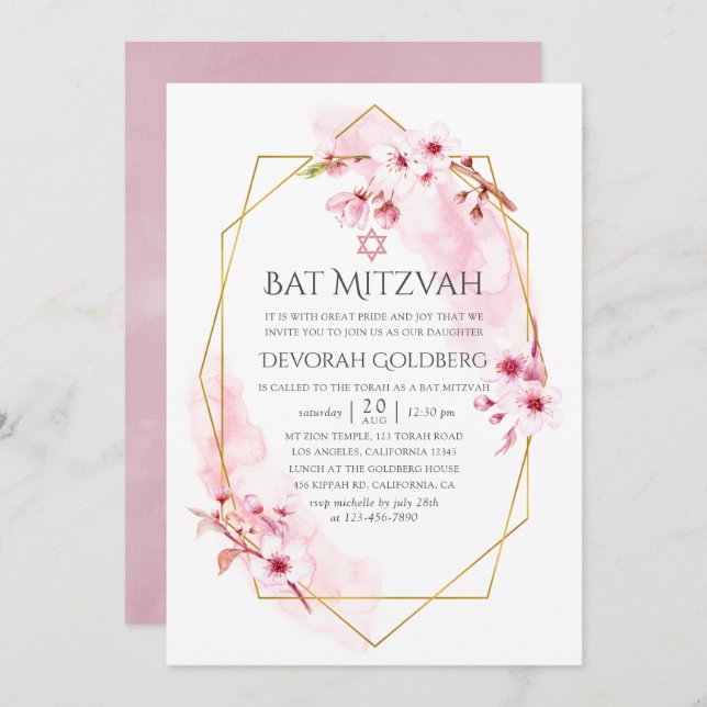 Geometric Pink Spring Blossom Bat Mitzvah Invitation (Front/Back)