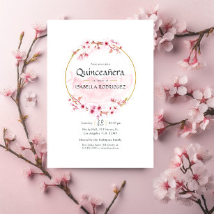 Geometric Pink Spring Cherry Blossom Quinceañera Invitation