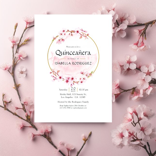 Geometric Pink Spring Cherry Blossom Quinceañera Invitation (Creator Uploaded)