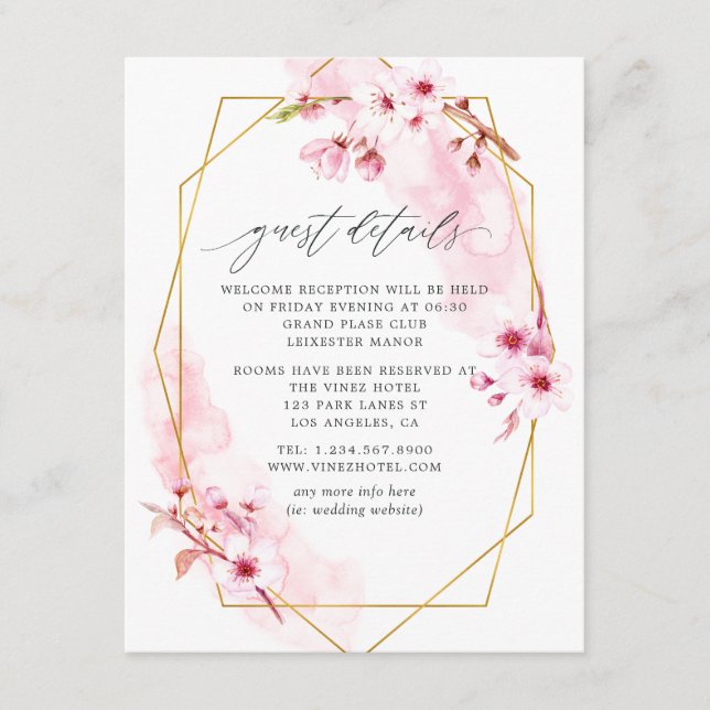 Geometric Pink Spring Cherry Blossom Wedding Enclosure Card (Front)