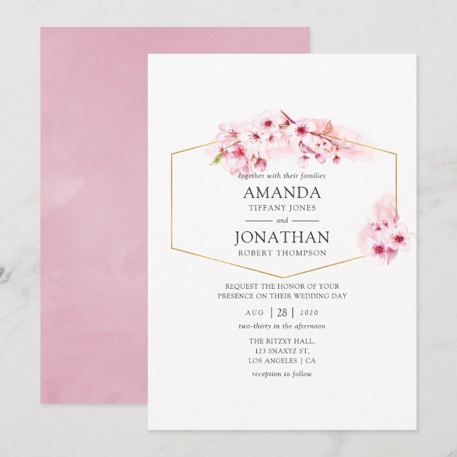 Geometric Pink Spring Cherry Blossom Wedding Invitation (Front/Back)