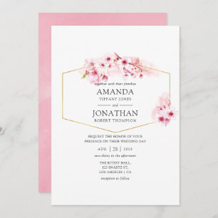 Geometric Pink Spring Cherry Blossom Wedding Invitation