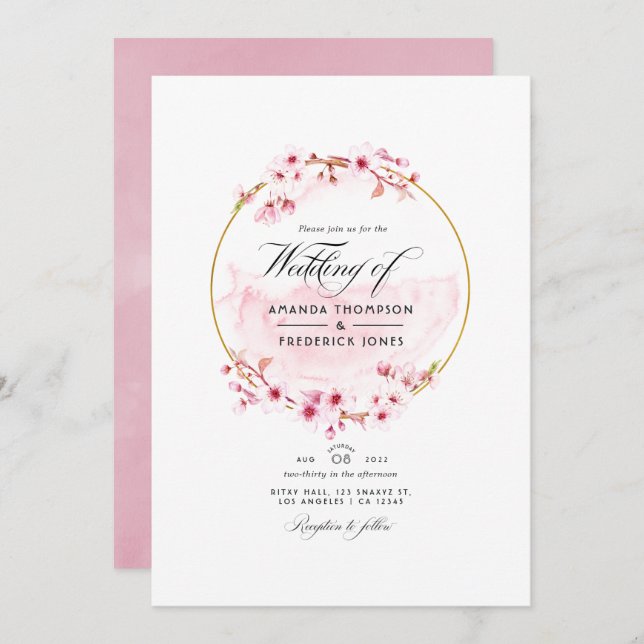 Geometric Pink Spring Cherry Blossom Wedding Invitation (Front/Back)