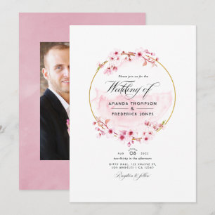 Geometric Pink Spring Cherry Blossom Wedding Invitation