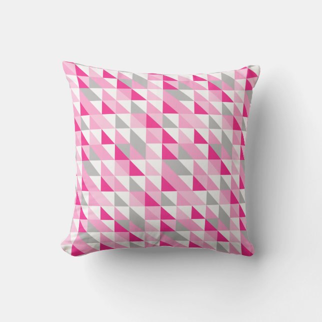 Geometric Pink White Grey Triangles Pattern Cushion (Front)