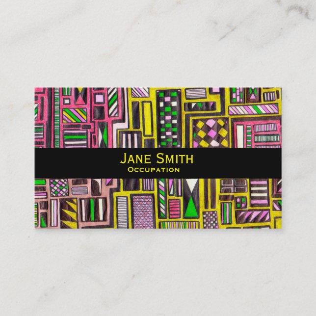 Geometric pink yellow doodle pattern modern trendy business card (Front)