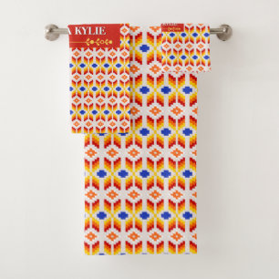 Geometric Pixel Floral Pattern in Red Orange Yello Bath Towel Set