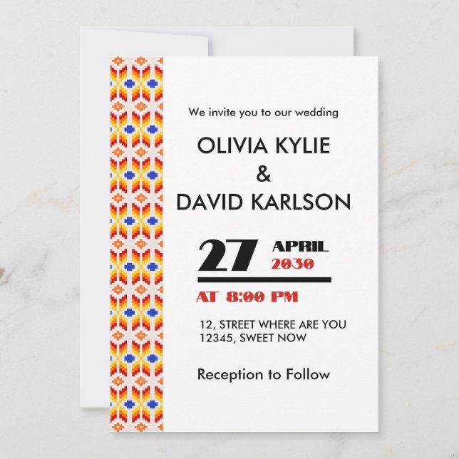 Geometric Pixel Floral Pattern in Red Orange Yello Invitation (Back)