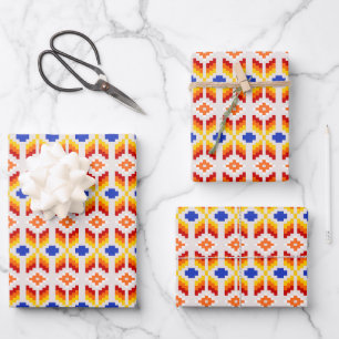 Geometric Pixel Floral Pattern in Red Orange Yello Wrapping Paper Sheet