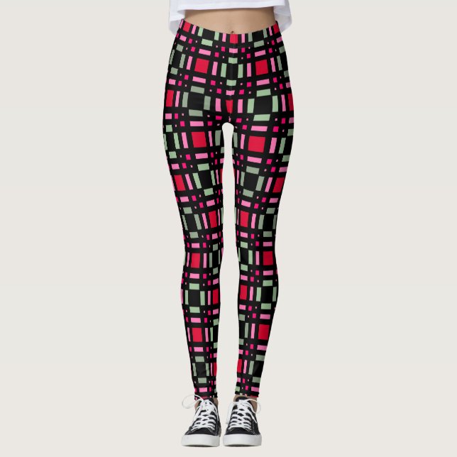 Geometric plaid green red black stripes  leggings (Front)