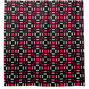 Geometric plaid green red black stripes shower curtain