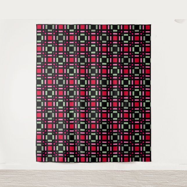 Geometric plaid green red black stripes  tapestry (Front)