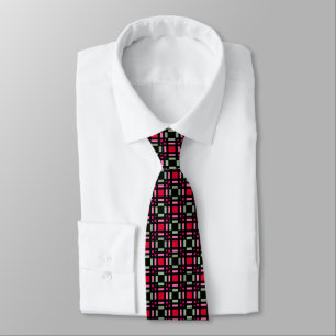 Geometric plaid green red black stripes tie