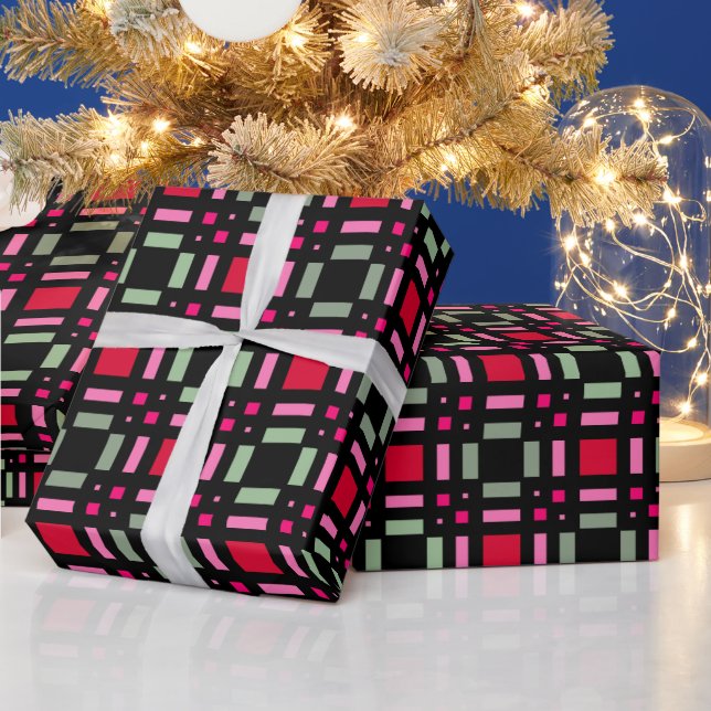 Geometric plaid green red black stripes  wrapping paper (Holidays)
