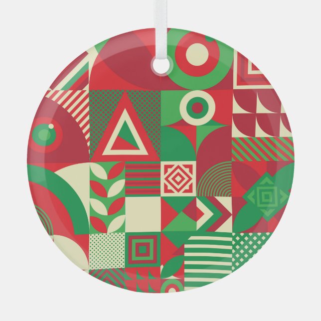 Geometric Pop: Colourful Abstract Tiles. Glass Tree Decoration (Front)