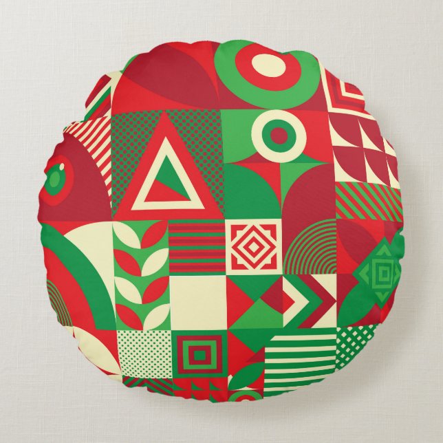Geometric Pop: Colourful Abstract Tiles. Round Cushion (Front)
