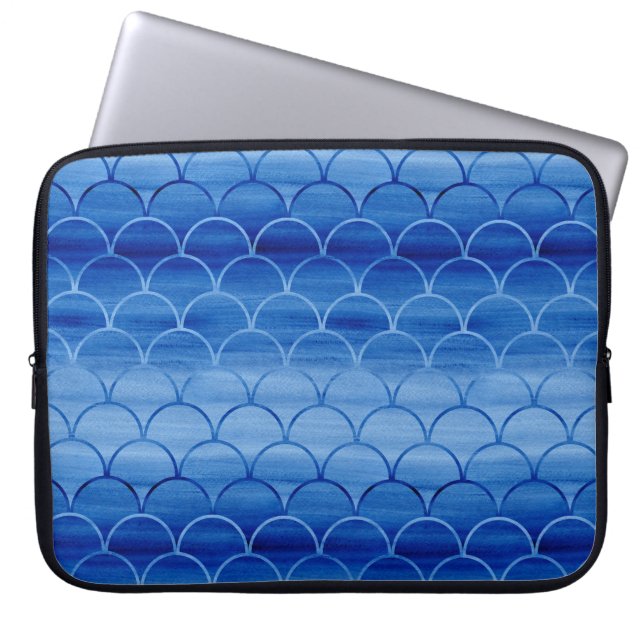 Geometric Prussian Blue Watercolor Scales Laptop Sleeve (Front)