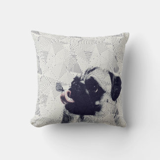 Geometric pug with butterfly on tongue art pillow