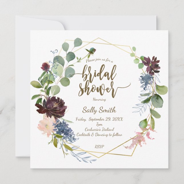 geometric purple blue florals bridal shower invitation (Front)