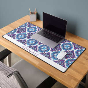 Geometric purple blue Mediterranean tile pattern Desk Mat