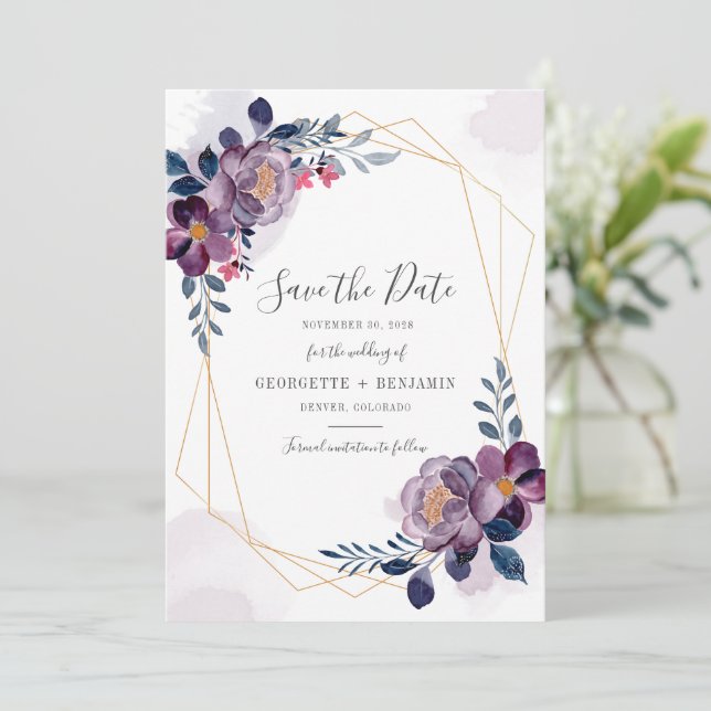 Geometric Purple Floral Script Botanical Wedding S Save The Date (Standing Front)
