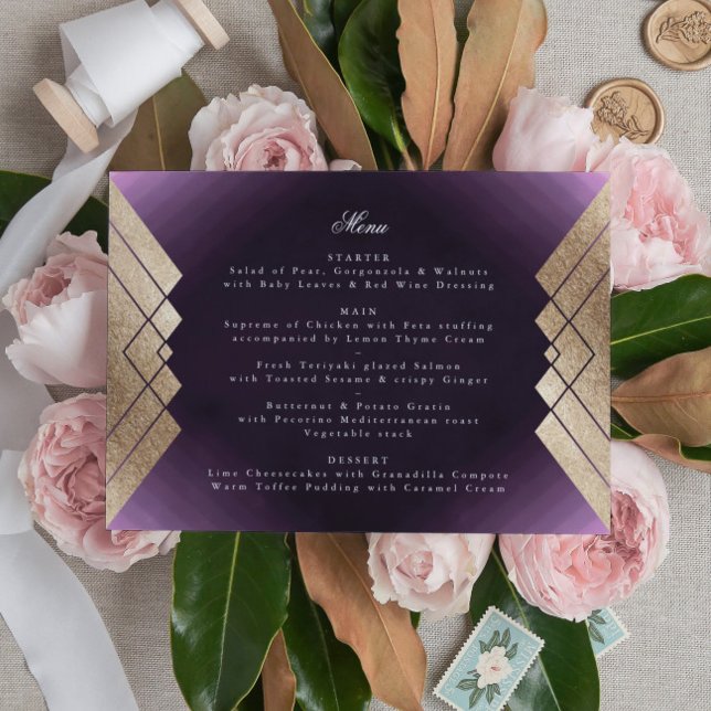 Geometric Purple Gold Gatsby Wedding Menu (Creator Uploaded)