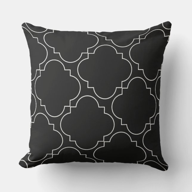Geometric Quatrefoil Pattern Black And White Cushion (Front)
