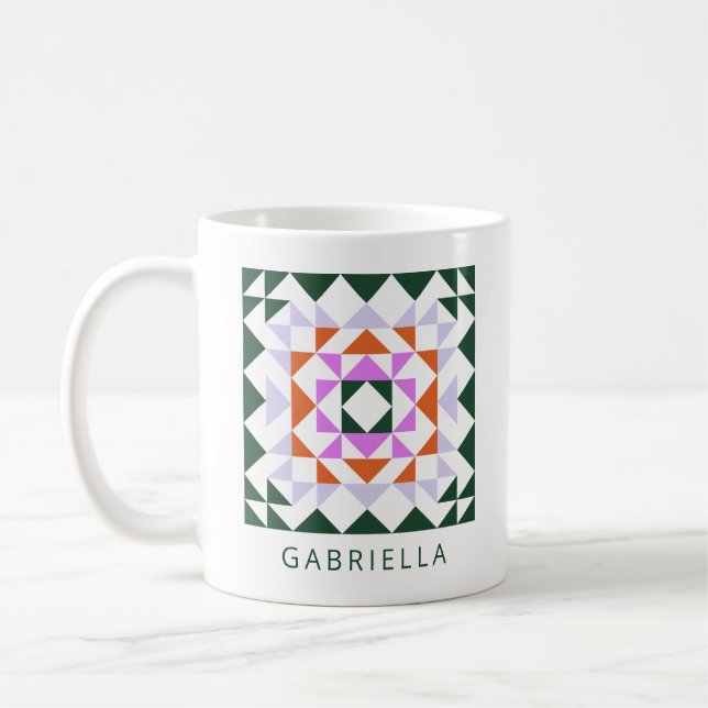 Geometric Quilt Block Pattern Custom Name Colourfu Coffee Mug (Left)