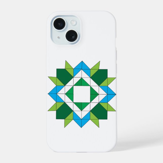 Geometric Quilt Star Mosaic Pattern Blue Green iPh iPhone 15 Case (Back)