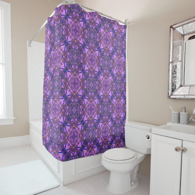 Geometric Quilting Pattern in Purple, Pink, Blue Shower Curtain (In Situ)