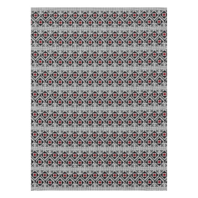 Geometric Red and Black Folk Romanian Motif Tablecloth (Front)