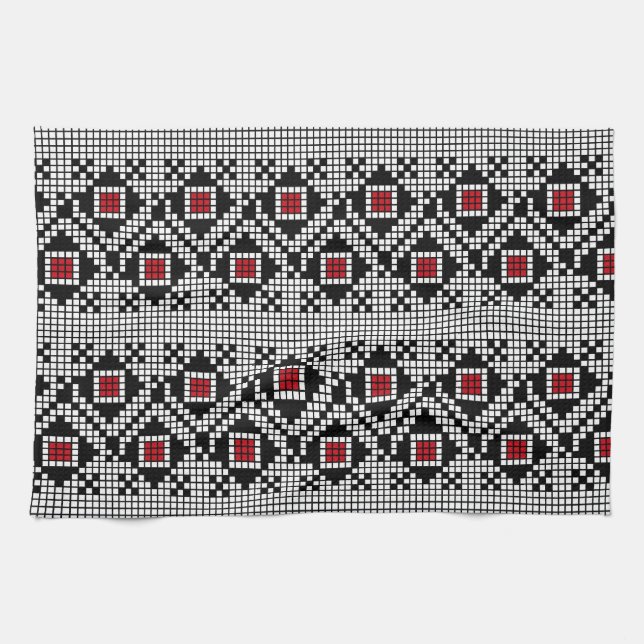 Geometric Red and Black Folk Romanian Motif Tea Towel (Horizontal)