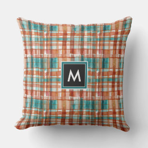 Geometric Red And Green Tartan Watercolor Monogram Cushion