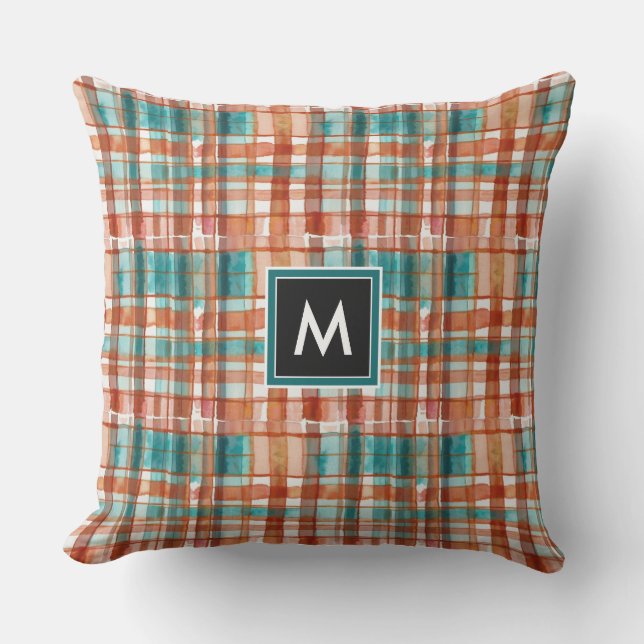 Geometric Red And Green Tartan Watercolor Monogram Cushion (Front)