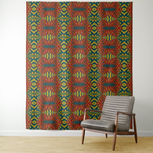  Geometric Red Blue Yellow Vintage Tribal Backdrop Tapestry (In Situ)