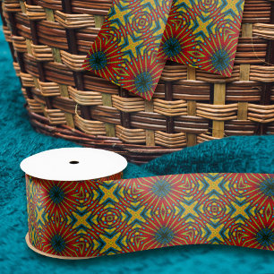 Geometric Red Blue & Yellow Vintage Tribal Ethnic Satin Ribbon