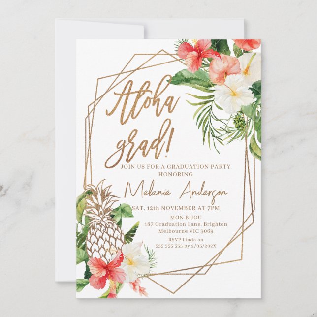 Geometric Red Floral Aloha Grad Graduation Invitation (Front)