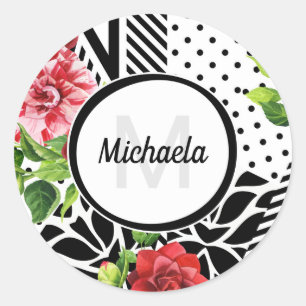 Geometric Red Floral Monogram Classic Round Sticker