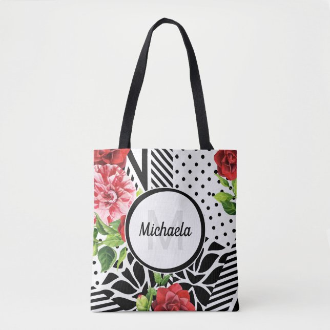 Geometric Red Floral Monogram Tote Bag (Front)