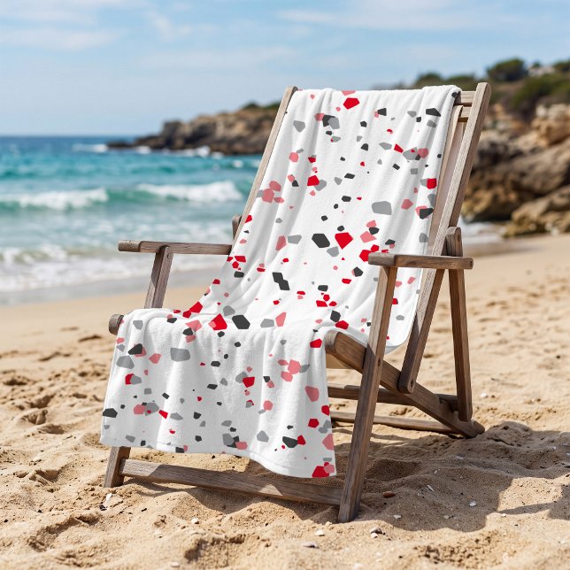 Geometric Red Grey Terrazzo Pattern Beach Towel (Creator Uploaded)