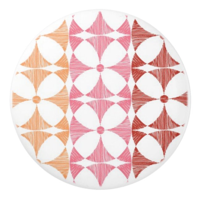 Geometric red ikat stripes pattern ceramic knob (Front)