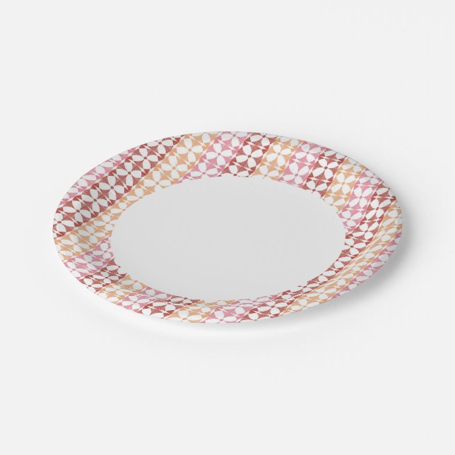 Geometric red ikat stripes pattern paper plate (Angled)