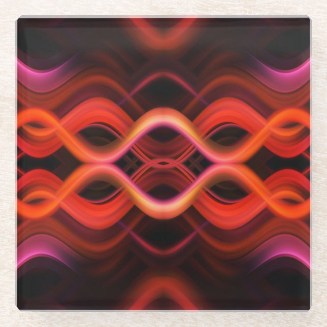 Geometric red wavy lines design. glass coaster (Front)
