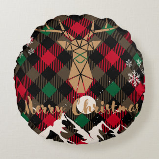 Geometric Reindeer Plaid Christmas Throw Pillow