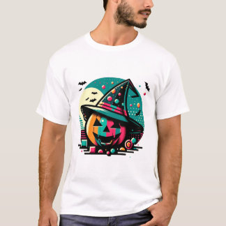 Geometric Retro Pumpkin with Witch Hat T-Shirt