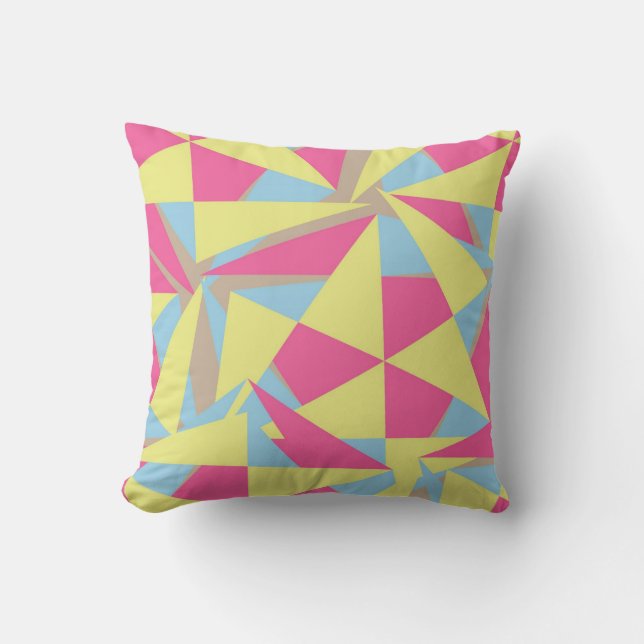 Geometric Retro Style Funky Pink Blue Yellow Grey Cushion (Front)