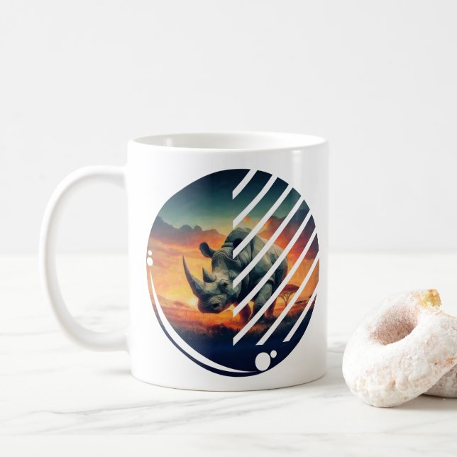 Geometric Rhino Sunset Scene Coffee Mug (With Donut)