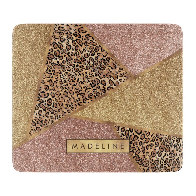 Geometric Rose Gold Blush Glitter Leopard Pattern Cutting Board (Front)