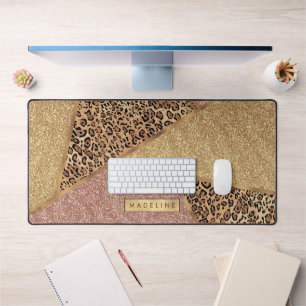 Geometric Rose Gold Blush Glitter Leopard Pattern Desk Mat